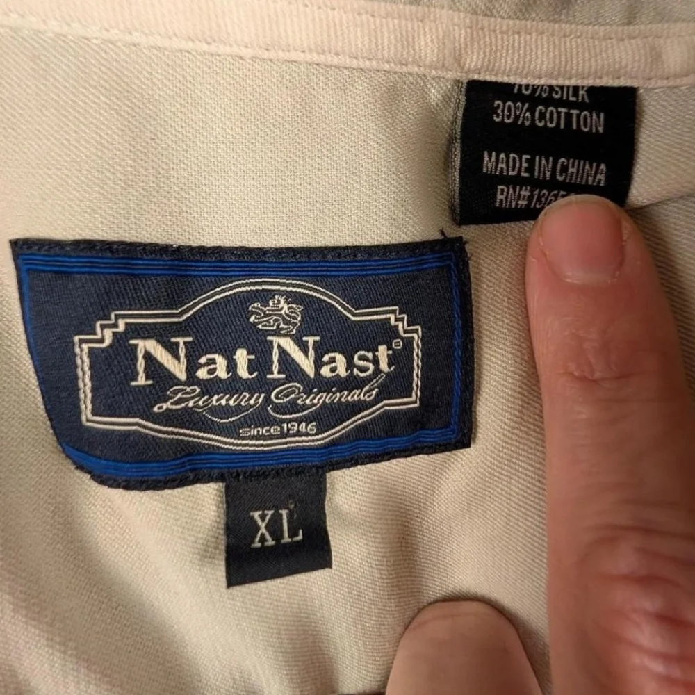 Nat Nast Silk CottonMen's Gray Palm Trees Hawiian Short Sleeve Button‎ Up XL - Picture 3 of 5